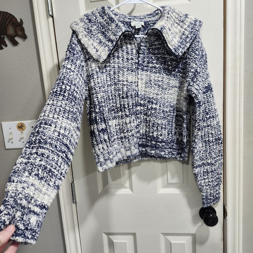 Sundance Women's Chunky Knit Zip Up Sweater Blue White Marled Collared Size S - Picture 3 of 15